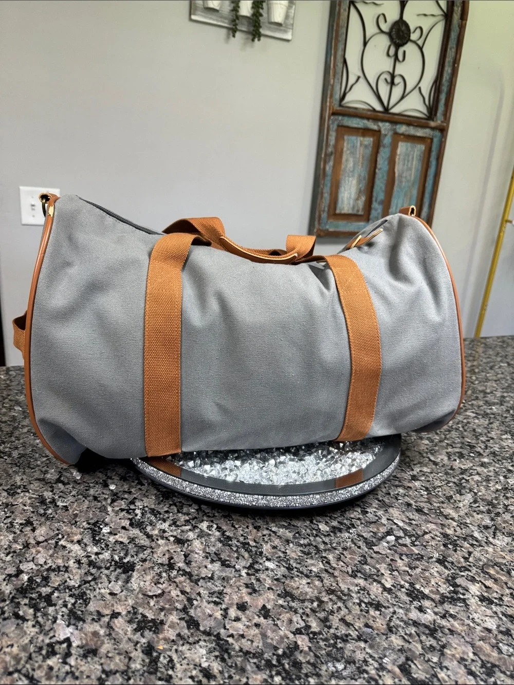 Bugatti Gray heavy canvas Duffel Bag with Tan Straps and shoulder strap NEW